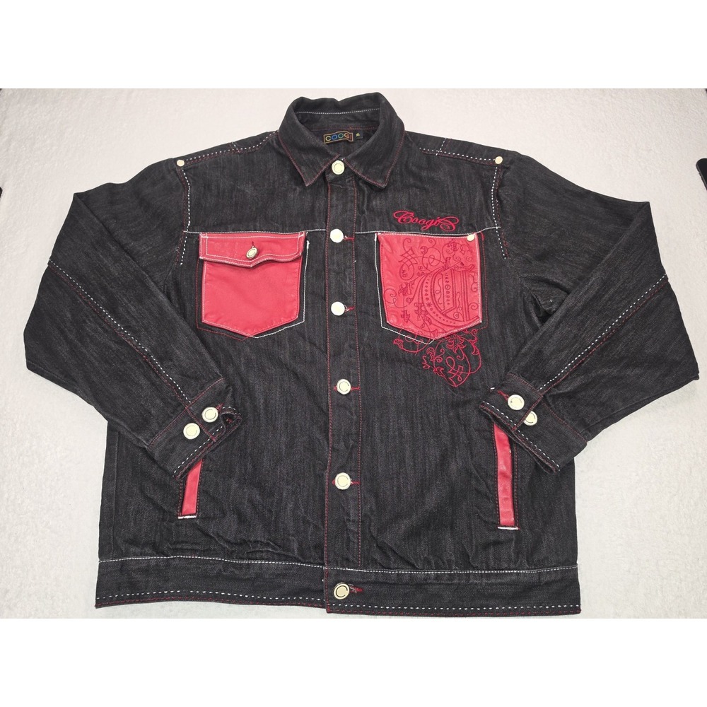 Authentic COOGI Denim Jacket Red Leather Panels Embroidered Back Y2K Streetwear